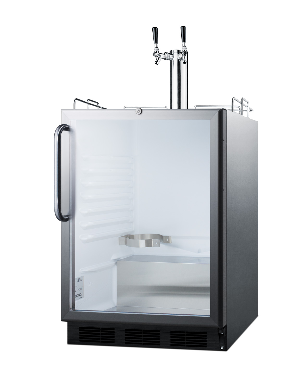 Built-in undercounter ADA height commercially listed dual tap beer dispenser with glass door, lock, and stainless steel wrapped cabinet